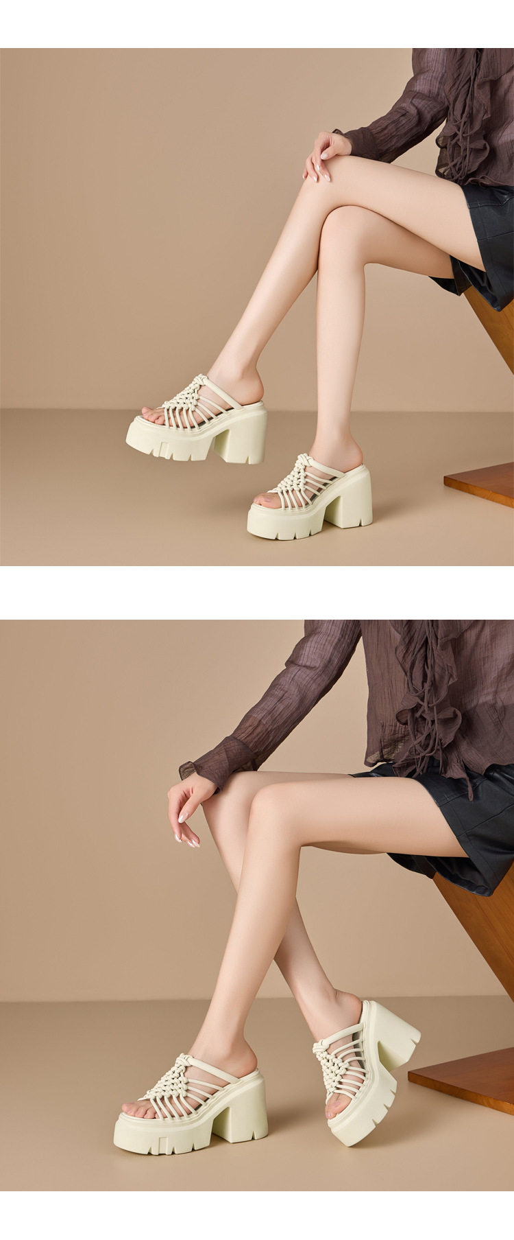 Dép sandal nữ xỏ ngón đế bệt dệt mùa hè thoáng khí — [Trắng kem], [Đen], [Vàng nhạt] chi tiết 4