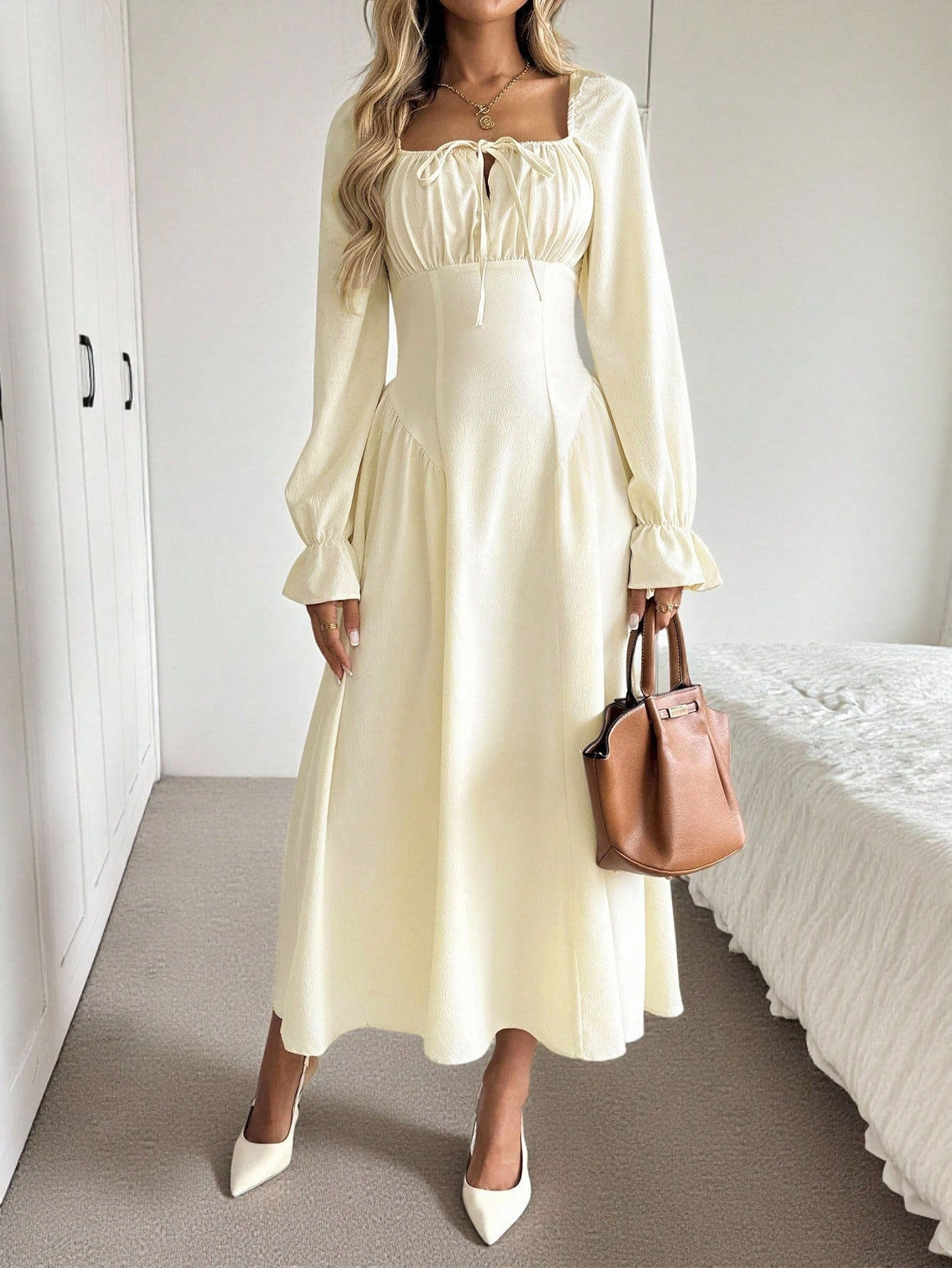 Womens A Line Long Sleeve Dress Square Neck Tie Waist Pleated Flattering Fit Elegant Casual Wear for Spring Fall