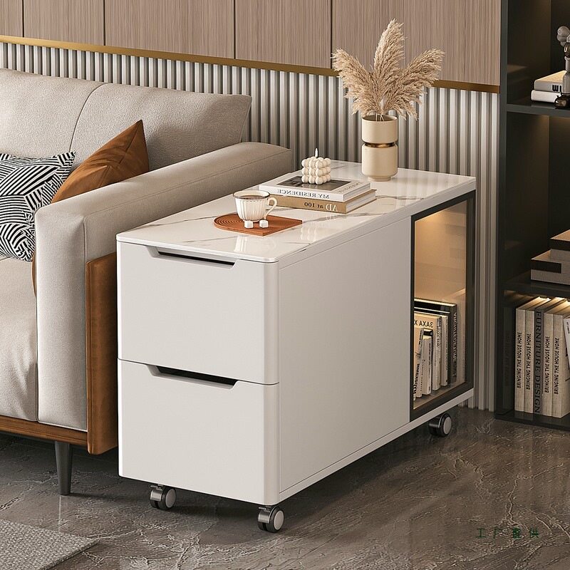 Movable Side Table Solid Wood Sofa Side Cabinet Side Cabinet Light Luxury High-End Slate Coffee Table Bedside Small Table Side Cabinet