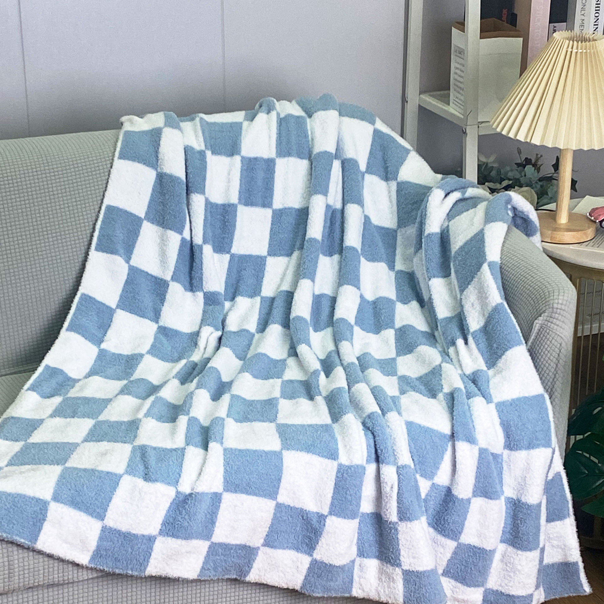 Texture Small Fresh Plaid Half Velvet Nap Blanket Advanced Contrast Color Bedroom Bed Nap Fluffy Knitted Blanket