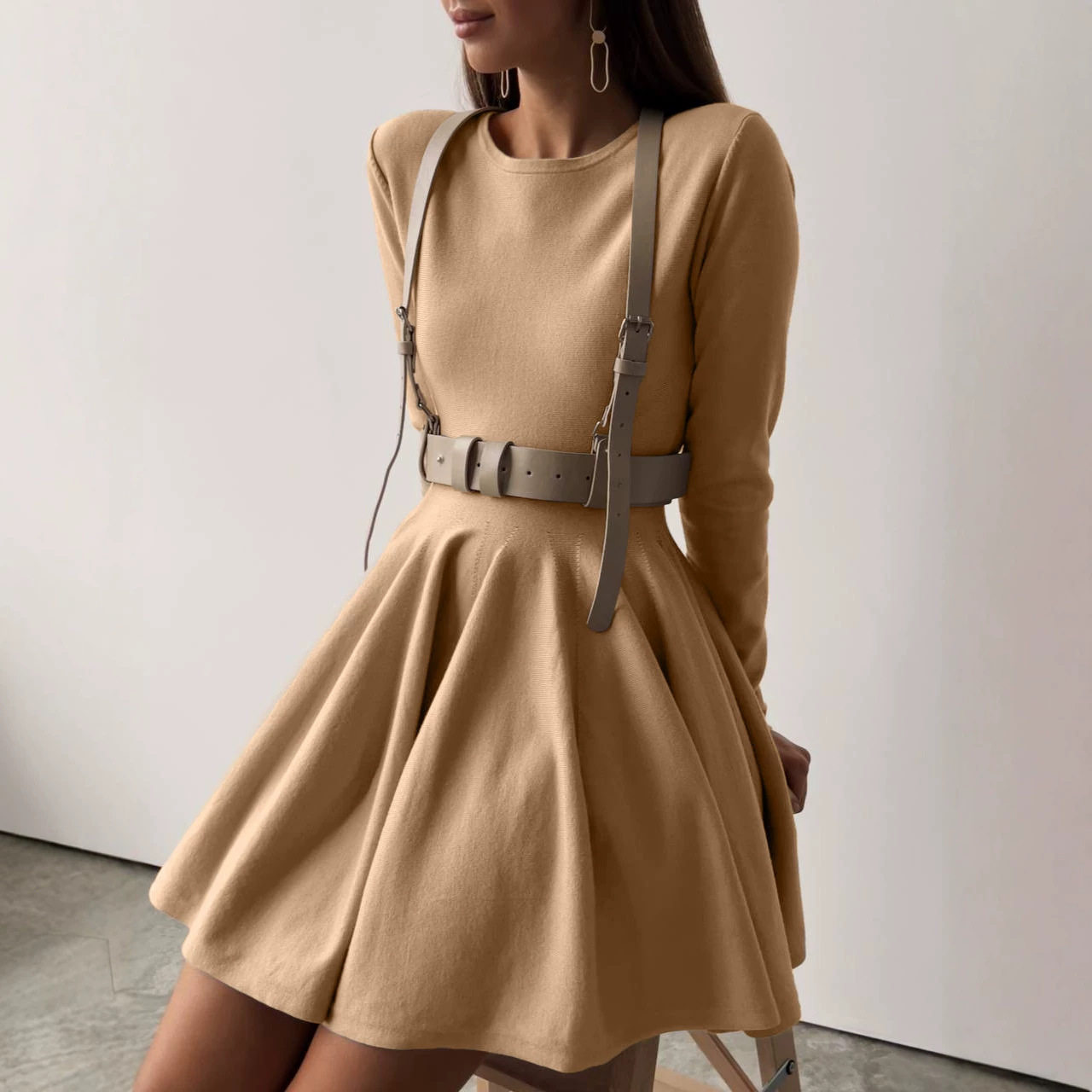 Knit Dress Round Neck Waist Defined Pleated Design Casual Chic for Everyday Wear Wholesale Available