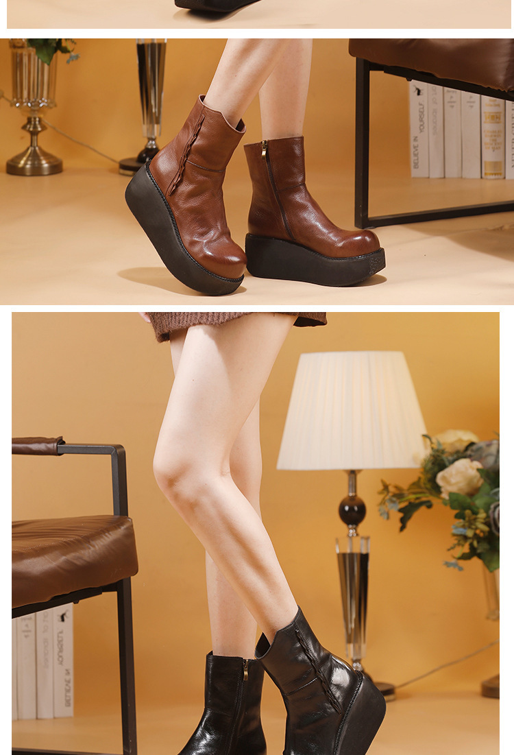 Boot nữ cổ thấp da bò thật đế dày gót nêm khóa kéo bên — màu đen, Màu nâu
