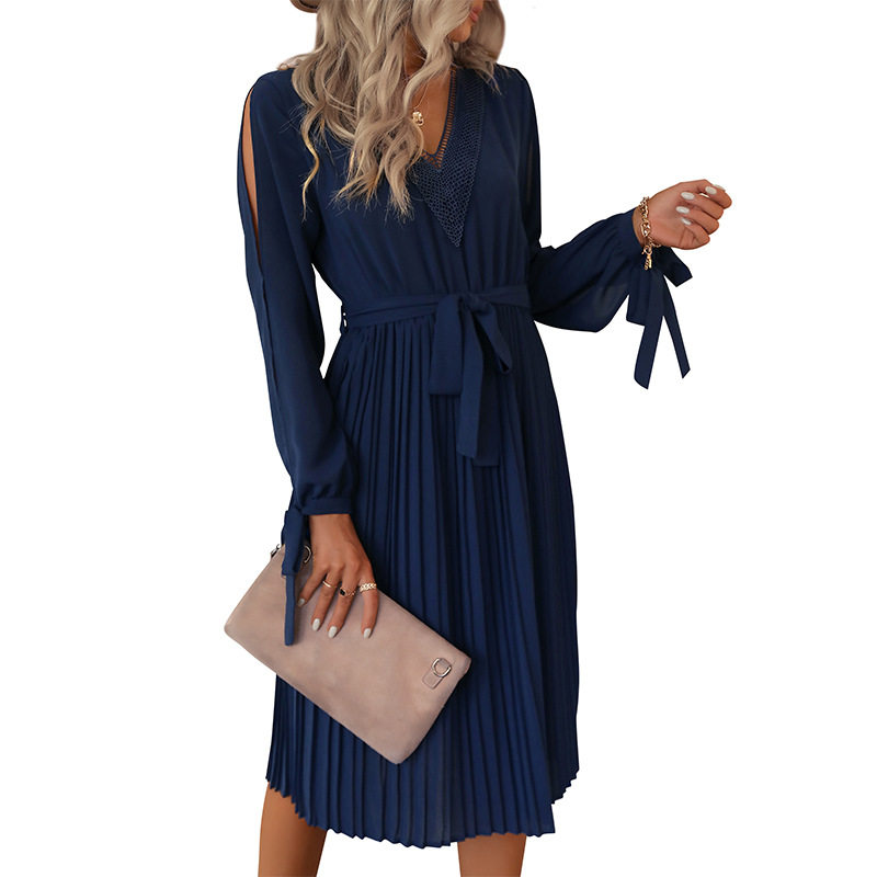 Womens Long Sleeve Hollow Out Dress Solid Color V Neck European and American Design Perfect for Autumn Occasions