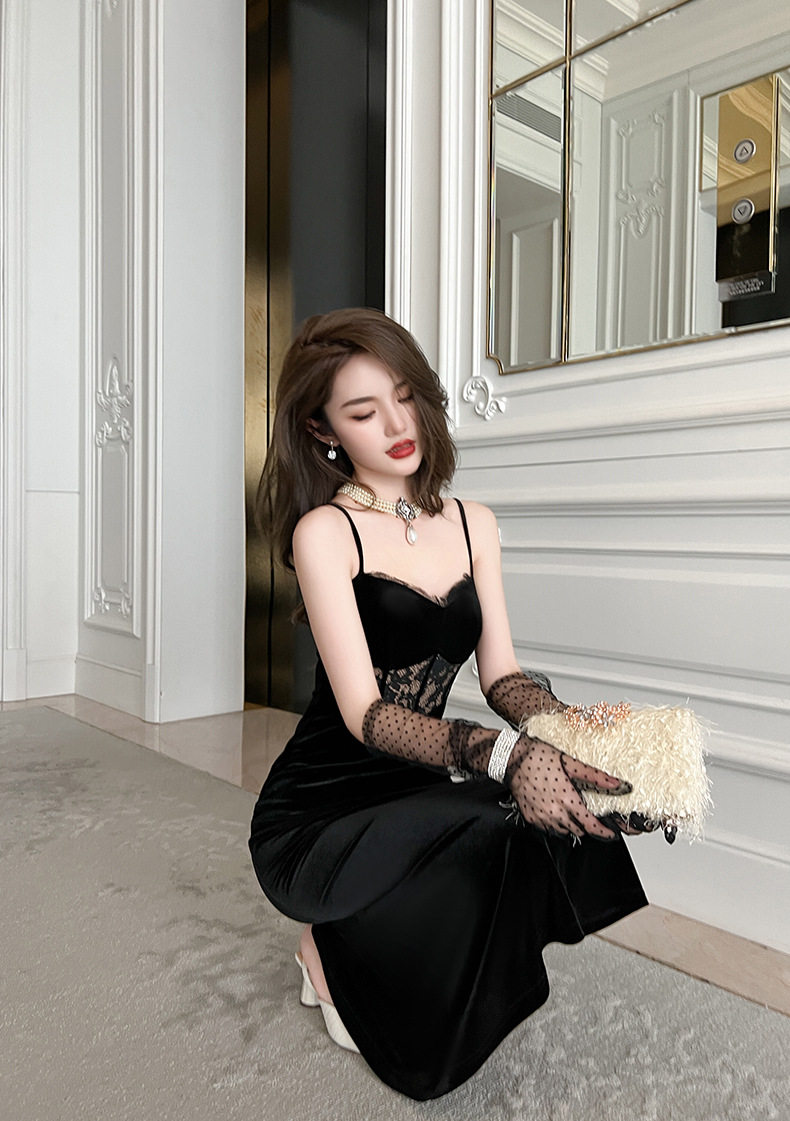 Đầm ôm body nữ nhung dáng đuôi cá cổ V không tay — [Đen] chi tiết 12