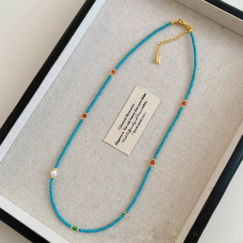 Ultra-Fine Natural Freshwater Small Pearl Turquoise Head Beaded Necklace Women's Accessible Luxury High-End Niche Clavicle Chain Accessories