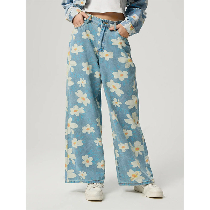 Womens Vintage Floral Print Straight Leg Jeans High Quality Denim Casual Wear Wholesale Available