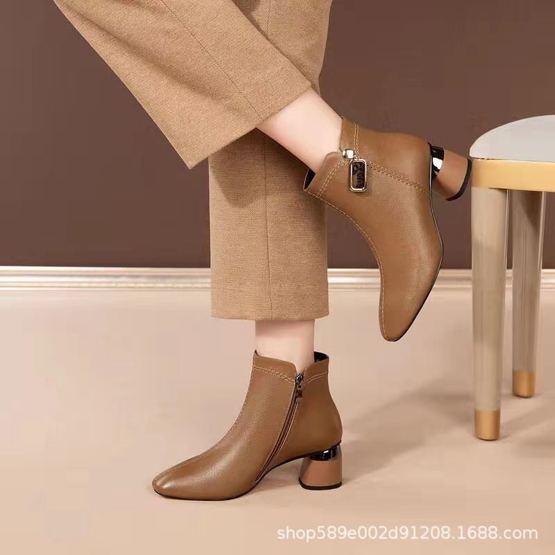 Boot Martin nữ cổ ngắn mũi vuông gót vừa khóa kéo bên — Đường viền đơn màu đen, Lớp lót nhung đen, Lớp lót nhung màu kaki, Màu kaki, một lớp lót.