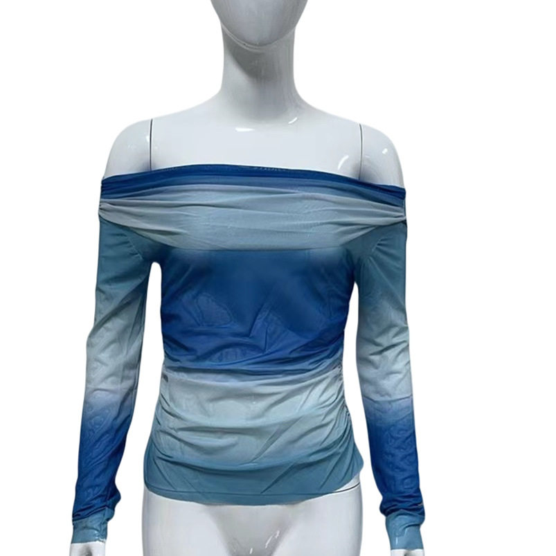 Off Shoulder Long Sleeve T Shirt Blue Floral Print Slim Fit Autumn Fashion Wholesale Available