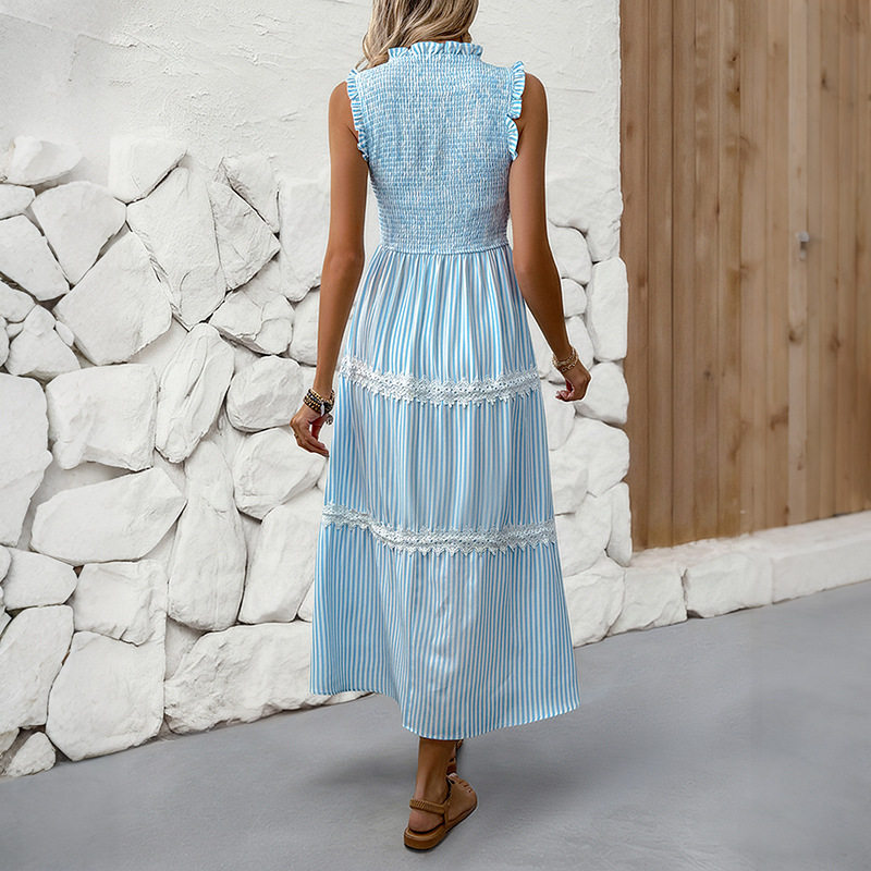 Summer Sleeveless Dress Sweet Lace Trim Striped Pattern Casual Style Perfect for Warm Weather Occasions Wholesale