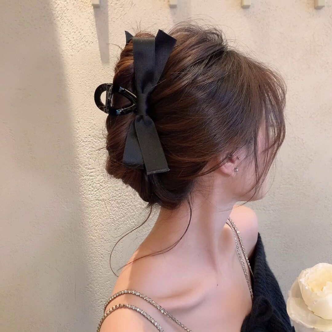 Hepburn Style Black Bow Grab Clip Women's Large High-Level Sense Disc Hair Clip Back of Head Shark Clip Headdress Hair Clip