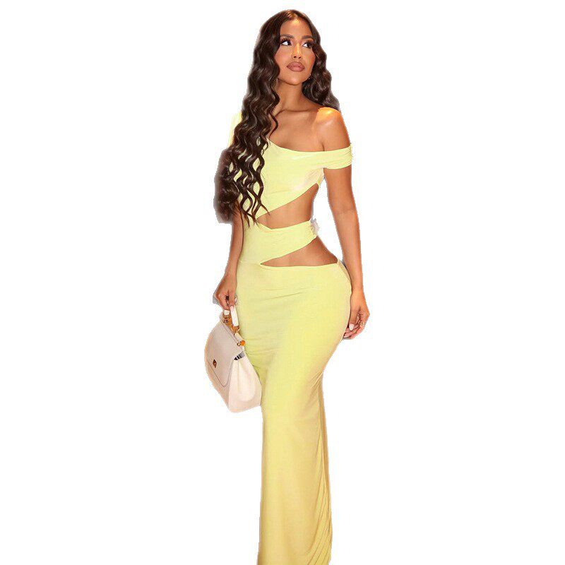 Asymmetrical One Shoulder Dress Solid Color Bodycon Fit Hollow Out Design Casual or Evening Wear Wholesale Available