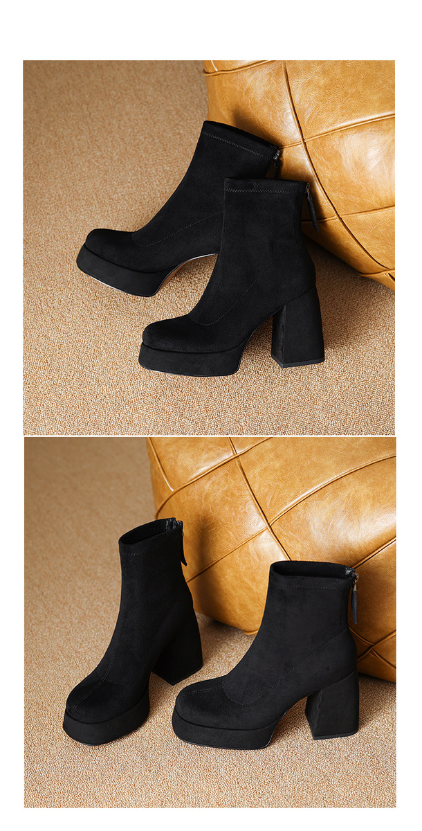Boot nữ cổ thấp gót thô đế dày 10cm phong cách cá tính — Mặt da màu đen lót nhung, Mặt da màu đen một lớp bên trong, Màu đen da lộn một lớp bên trong, Màu đen mặt nhung lót trong