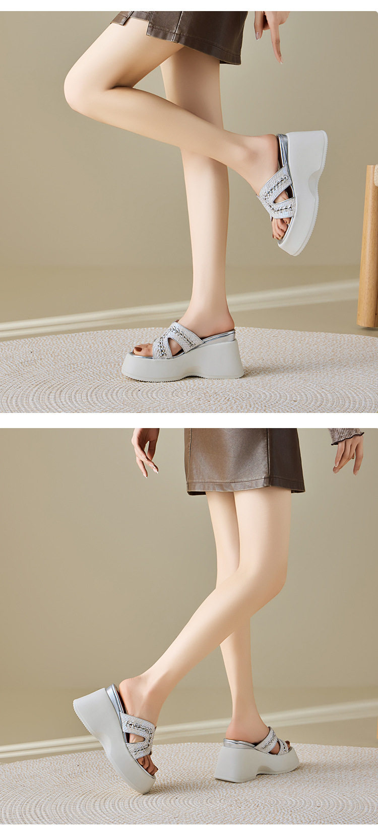 Sandal cao gót nữ hở mũi đế xuồng đan dây gót 10 cm — [Trắng], [Vàng] chi tiết 3