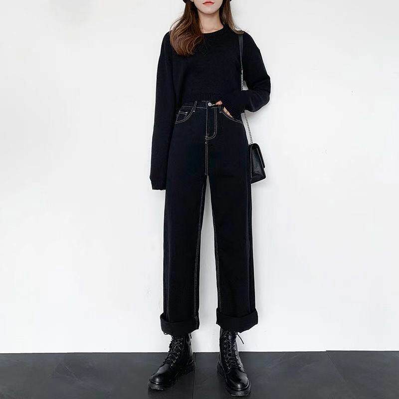 High Waisted Black Wide Leg Jeans for Women Slim Fit Versatile Korean Style Casual Wear Student Fashion Wholesale
