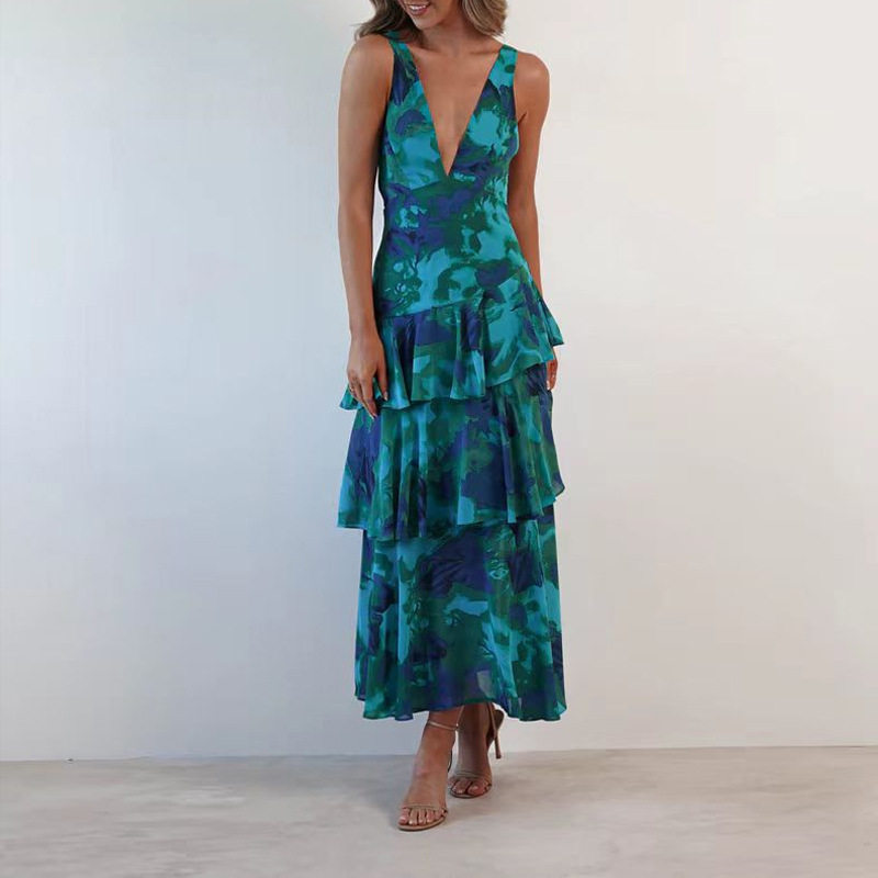 Fashionable Printed Cake Dress Summer Deep V Neck Shoulder Straps Vacation Style Wholesale Available