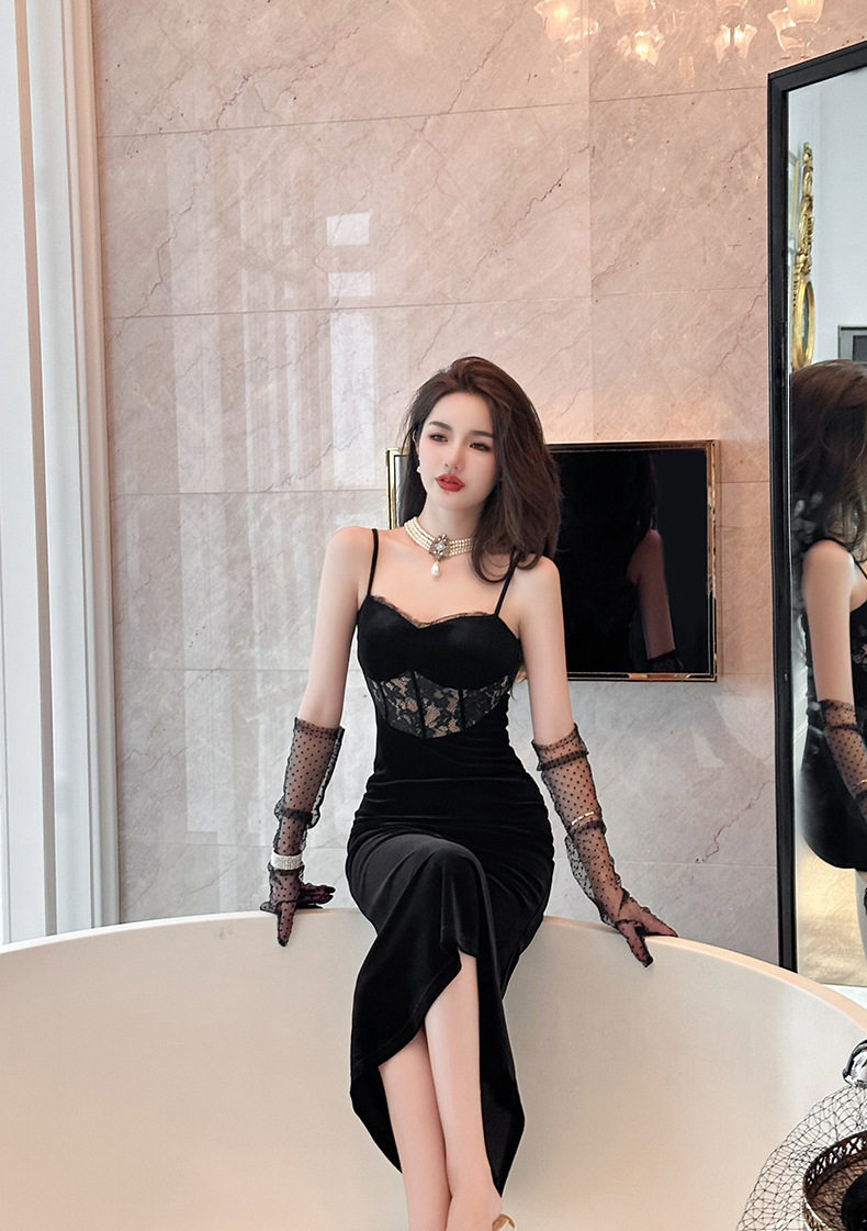 Đầm ôm body nữ nhung dáng đuôi cá cổ V không tay — [Đen] chi tiết 18