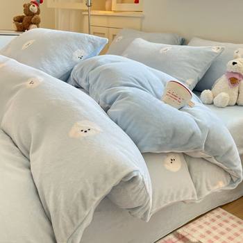 Class a Winter Thickeneded Milk Velvet Four-Piece Set Single Quilt Cover Cartoon Fresh Thickeneded Fleece-Lined Dormitory Bed Bed Sheets Three-Piece Set 4