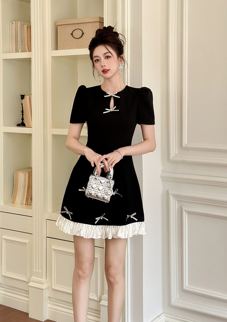 Đầm suông midi tay ngắn cổ tròn eo cao phong cách Pháp — [Màu đen] chi tiết 5