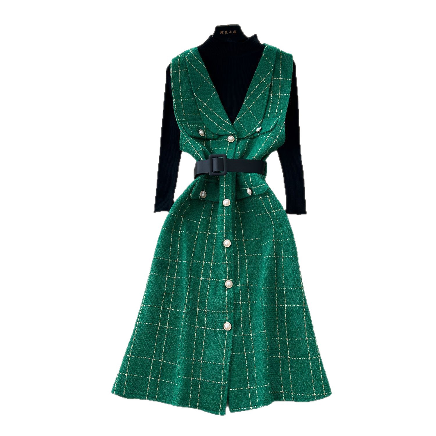 Plaid Wool Blend Sleeveless Dress Set Elegant French Style Layered with Turtleneck Long Sleeve Knit Top Autumn Fashion