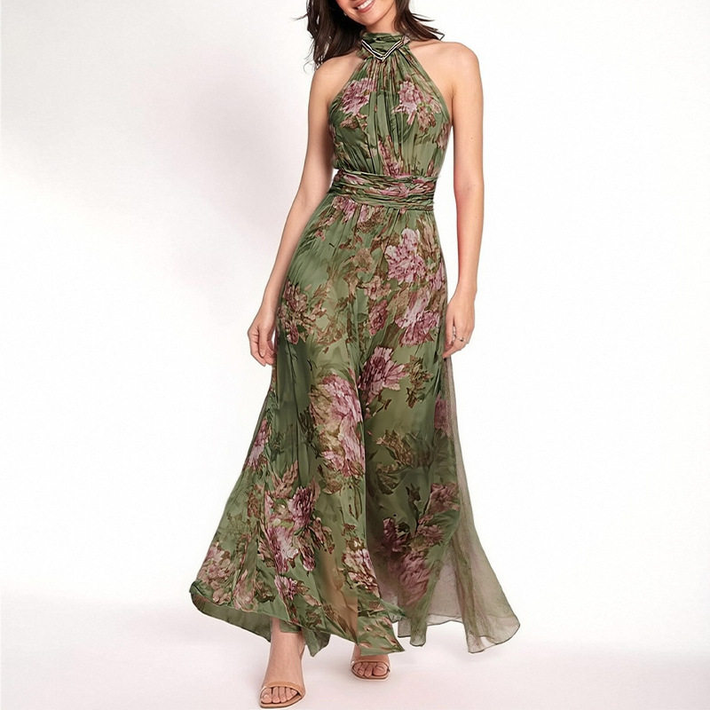 Elegant Floral Print Halter Neck Dress Spring Collection Waist Defining Chic Style Perfect for Parties or Casual