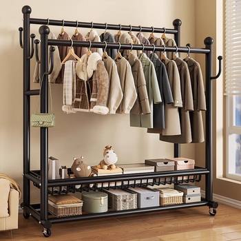 Clothes Rack Floor-Standing Bedroom Home Room Indoor Double-Rod Clothes Drying Rack Movable Multi-Functional Coat Rack