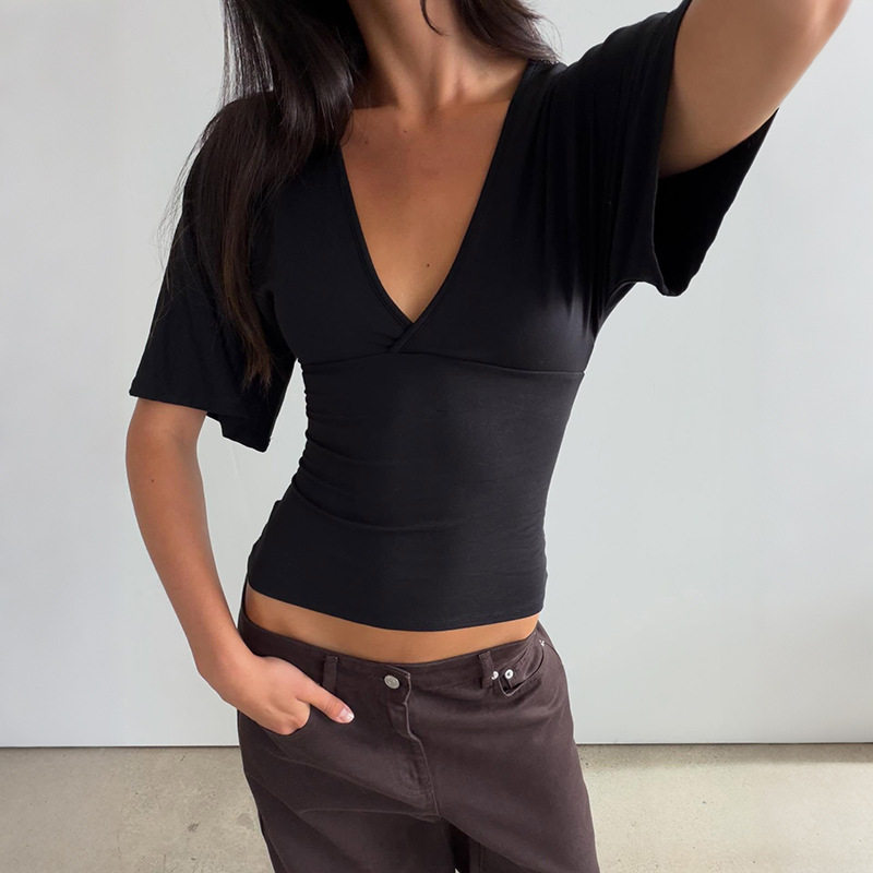 Womens Summer T Shirt Solid Color Slim Fit Deep V Neck Short Sleeve Versatile Casual Wear Wholesale Available