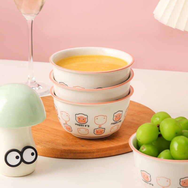 Piggy Ceramic Rice Bowl Set for Home Use, Cute Instant Noodle and Yogurt Bowl, Personal Use, Single Serving Tableware, Adorable and Fun