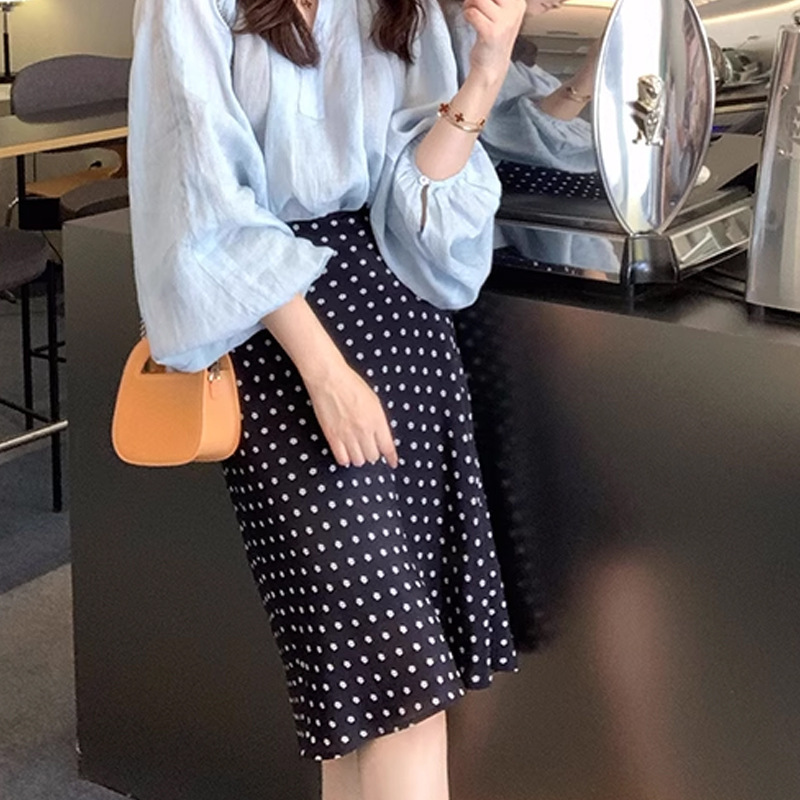 Chân váy dài lưng cao xẻ tà phối họa tiết chấm bi thanh lịch cho nữ — màu đỏ, Xanh tím than (màu hơi đen)