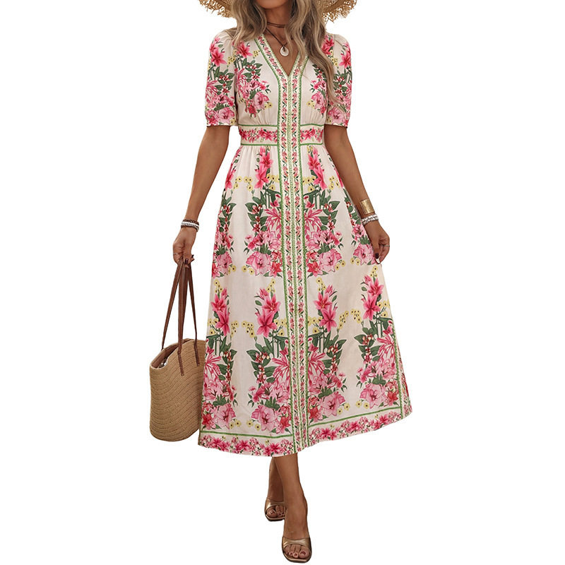Vintage Floral Print Midi Dress Waist Defined Bohemian Style Comfortable Fabric Perfect for Spring and Summer Events