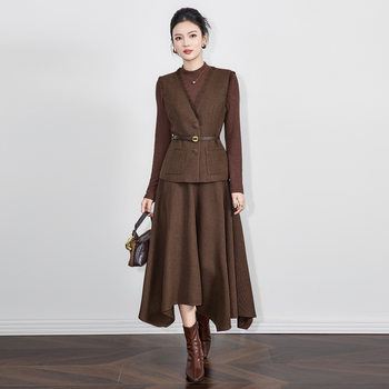 2516108-Elegant Elegant Nanyou High-Quality Waist V-Neck Vest + Skirt Two-Piece Suit for Women Autumn and Winter New Style