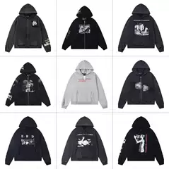 New Erd Melancholic Rich Second-Generation Disruptive Zipper Open Collar Pin Letter Print Men's and Women's Hooded Sweatshirt Jacket