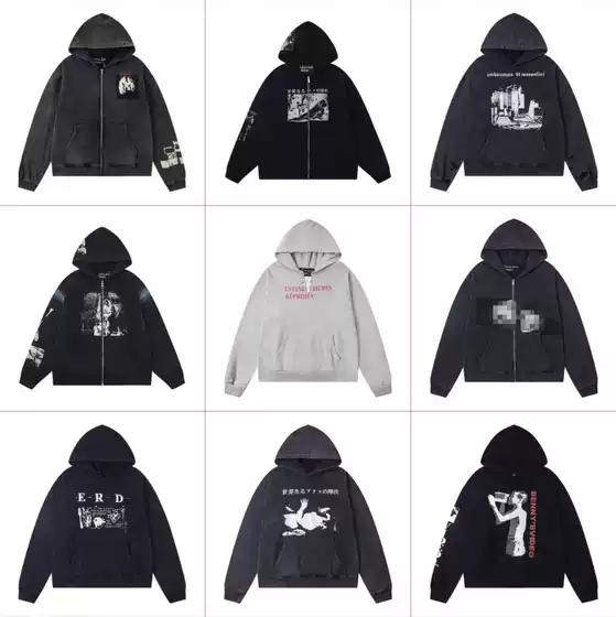 New Erd Melancholic Rich Second-Generation Disruptive Zipper Open Collar Pin Letter Print Men's and Women's Hooded Sweatshirt Jacket