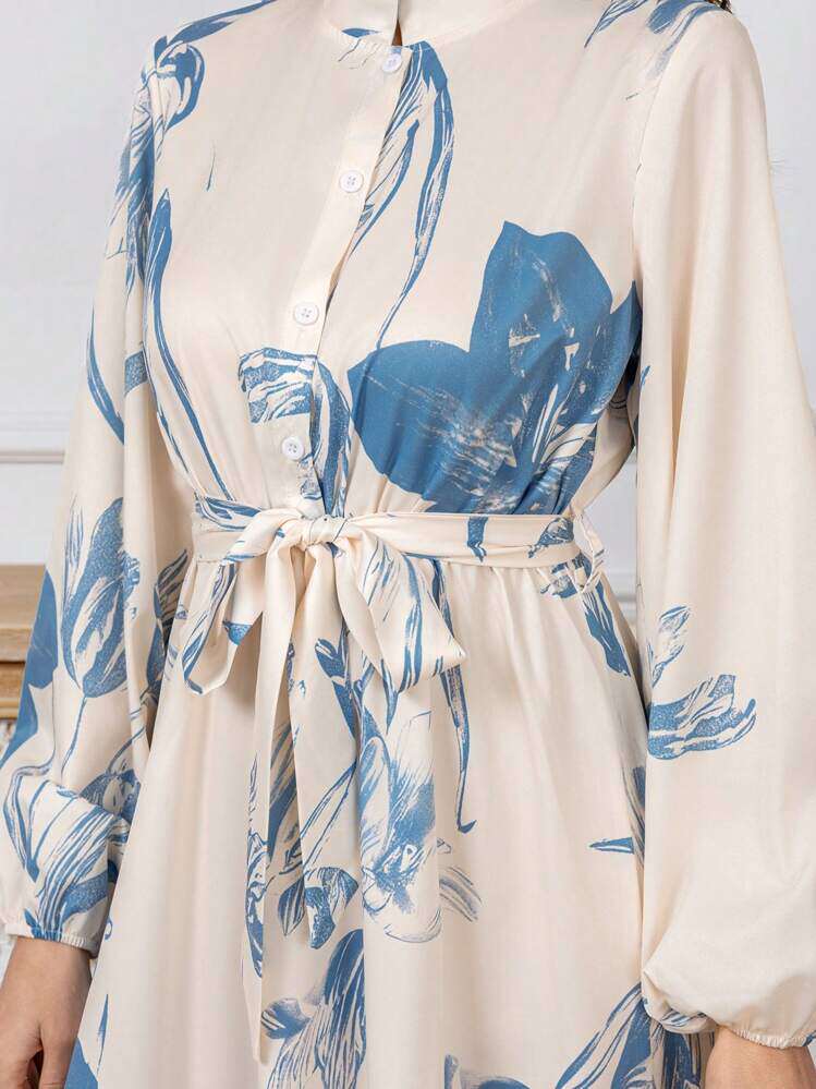 Modelyn Womens Floral Print Stand Collar Lantern Sleeve Ruf