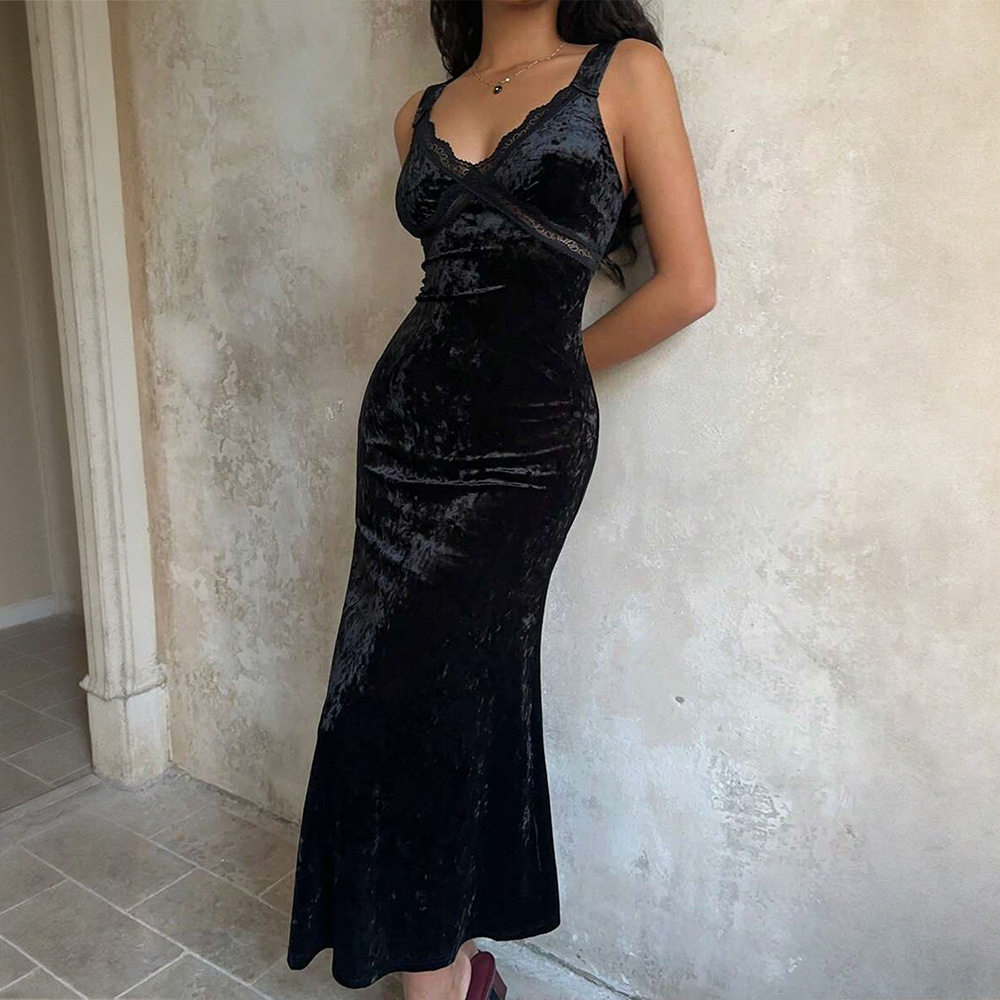 French Romantic Velvet Lace V Neck Sleeveless Mermaid Dress Bodycon Fit Elegant Design Perfect for Evening Events OEM