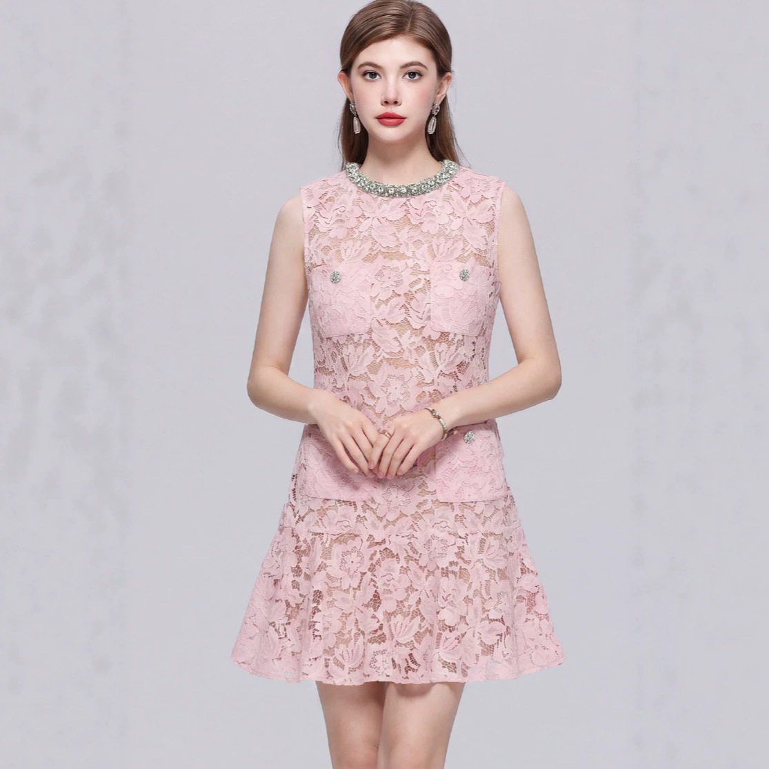 Lace A Line Dress Embellished Sleeveless High Waist Hollow Out Elegant Office Wear for Women OEM Available