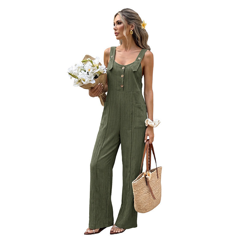 Loose Fit Solid Color Textured Overalls Fresh Vacation Style Comfortable Summer Wear OEM Available