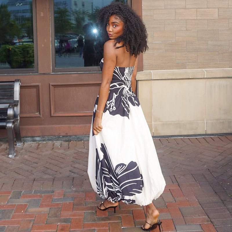 Color Block A Line Dress Black and White Print Off Shoulder Neckline Casual Style Wholesale Available