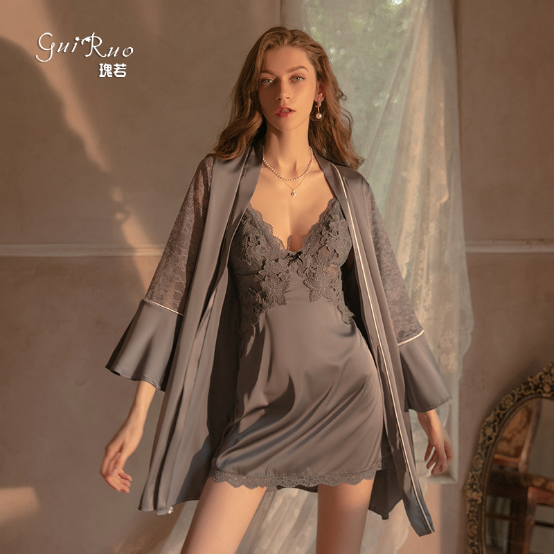 DZ งดงามเซ็กซี่ข้ามBacklessปักลูกไม้ เบาะซาติน Nightgown ผู้...