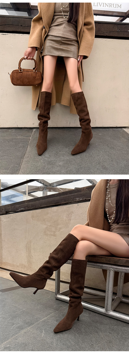 Boot nữ cổ cao mũi nhọn gót nhọn 6.5cm da lộn bò — Lớp lót đơn màu nâu, Lớp lót đơn màu xám, Lót nhung màu nâu, Lót nhung màu xám