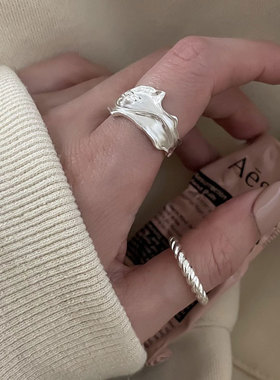 月光女神 925纯银锡箔感戒指女小众设计时尚个性女潮冷淡风褶皱戒