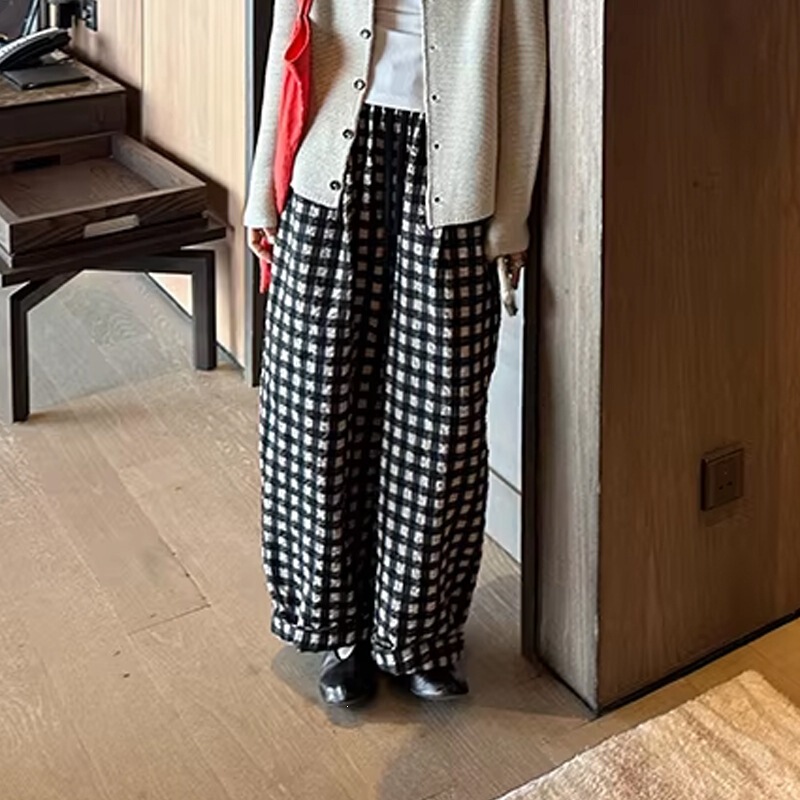 Quần dài nữ ống rộng cạp cao họa tiết 泡格 vải lanh cotton phối màu — Kẻ sọc đen xám