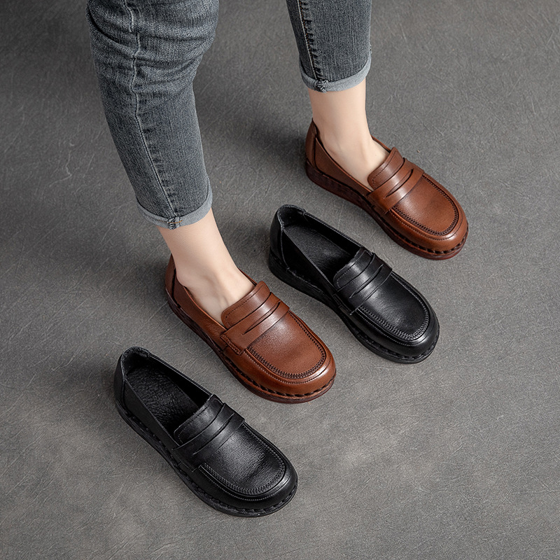 Giày Lười Nữ Chất Liệu Da Bò Mũi Tròn Đế Mềm Đế Xuồng Hàng Mùa Xuân Thu Đông Phục Cổ Cổ Điển