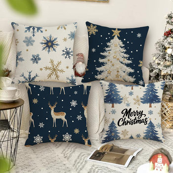 Temu Christmas Elk Pillow Cover Dark Blue Christmas Tree Holiday Decoration Cushion Living Room Cushion Cover Without Core
