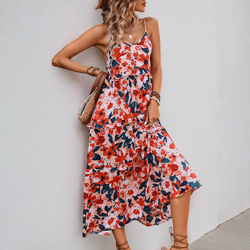 Summer Vacation Dress Casual Beach Style Floral Print Sleeveless Comfortable Fabric Wholesale Available