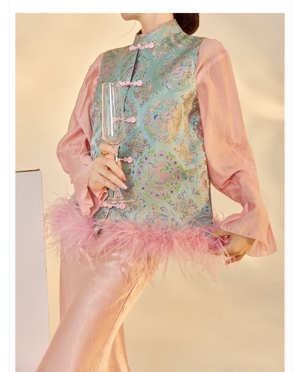 Áo gile nữ dáng vest chất liệu vải jacquard satin, có thể tháo lông — màu xanh