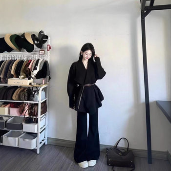 Suit for Women 2025 Autumn and Winter Korean Style Age-Reducing Waist Knitted Sweater Jacket High-Waisted Wide-Leg Pants Two-Piece Set