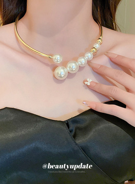 法式珍珠几何项圈轻奢时尚小众个性夸张项链级感百搭项饰饰品女