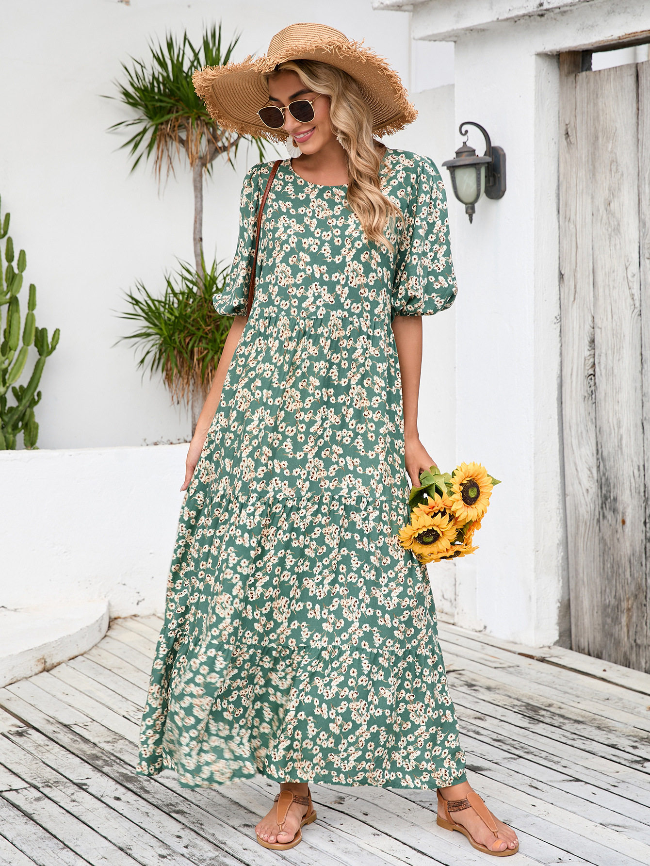 Plus Size Vintage Floral Maxi Dress Loose Fit Round Neck Mid Sleeve Casual Wear for Summer Wholesale Available