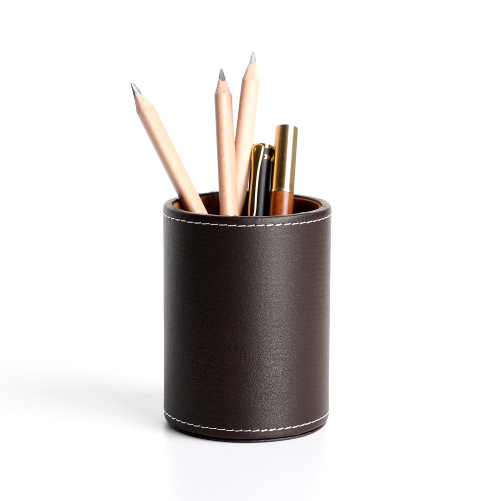 Business Leather Round Pen Holder Desktop Stationery Storage Box Storage Jar Cosmetic Brush Holder Creative Fashion Office Supplies