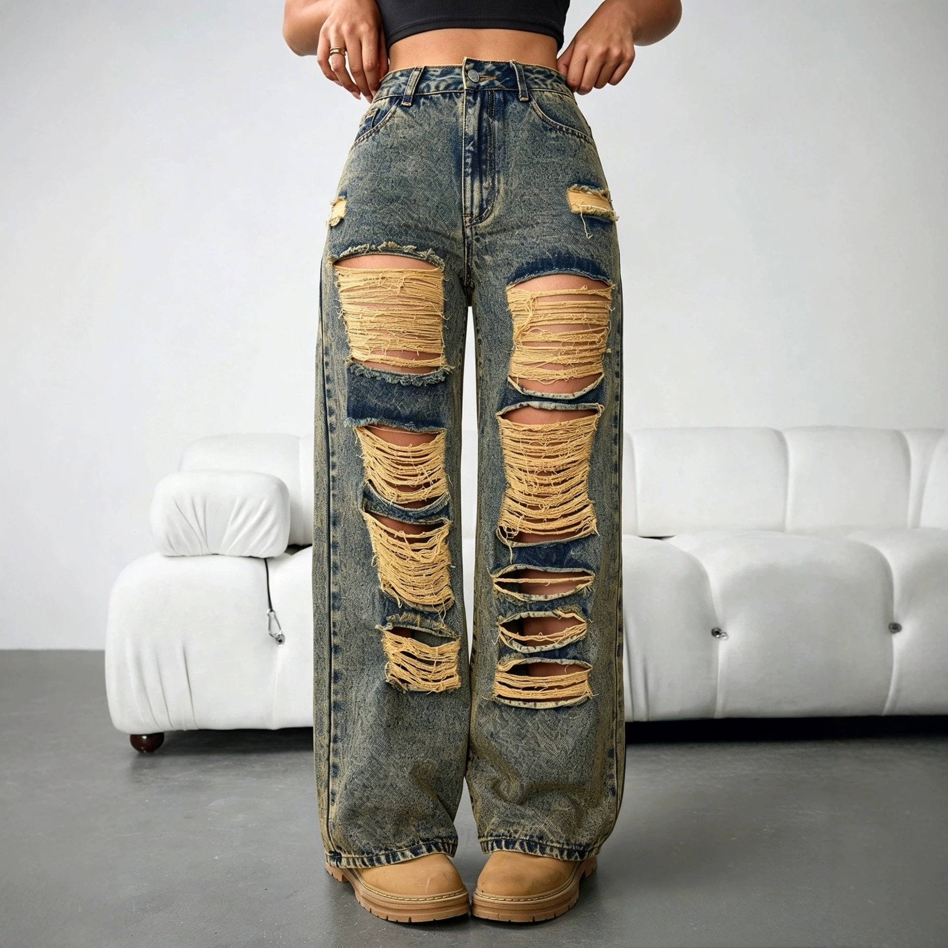 Vintage Distressed Wide Leg Womens Jeans Loose Fit Casual Style Perfect for Everyday Wear Ready to Ship